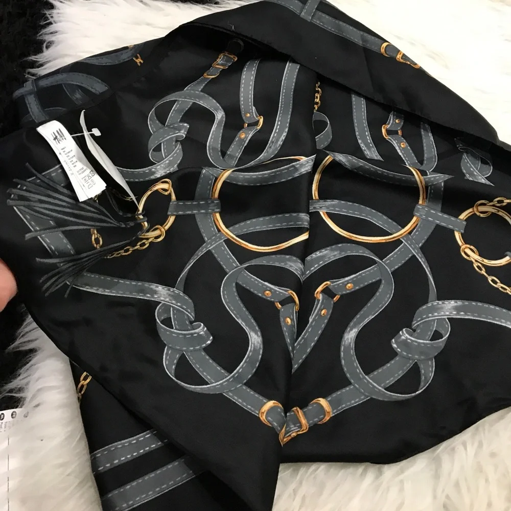H&M Black Scarf with Gold Chain and Gray Strap Motif